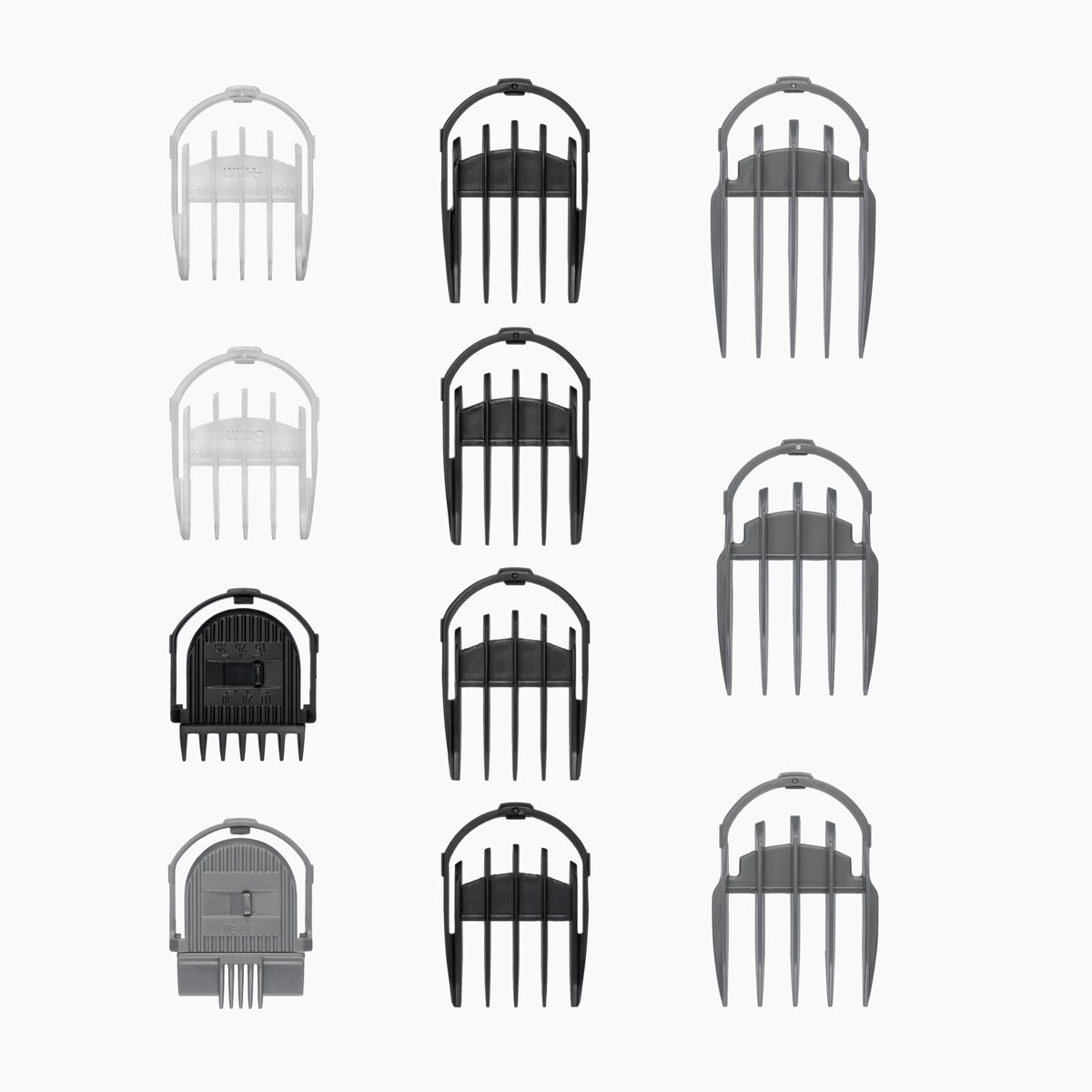 Baardkamgeleider met 6 standen 1-3,5 mm, 4x baardkamgeleiders 5, 6, 7, 8 mm, 2x lichaamskamgeleider 3,4 mm, wenkbrauwkamgeleider met 2 standen 3-5 mm, 3x lichaamskamgeleiders 9, 12, 16 mm